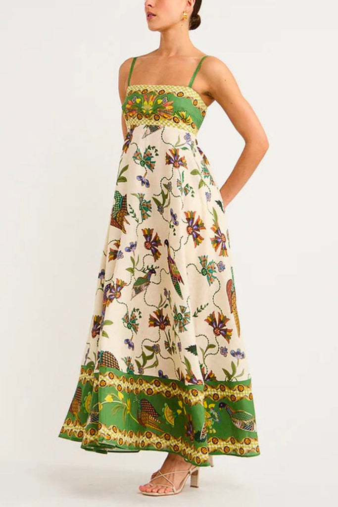 Unique Birdie Print Pocketed Swing Maxi Dress