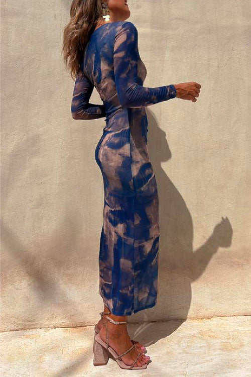 Chic Long Sleeve Ruched Side Slit Tie Dye Maxi Dress
