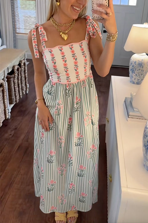 Meridress Tie Shoulder Back Lace-up Striped Floral Maxi Cami Dress