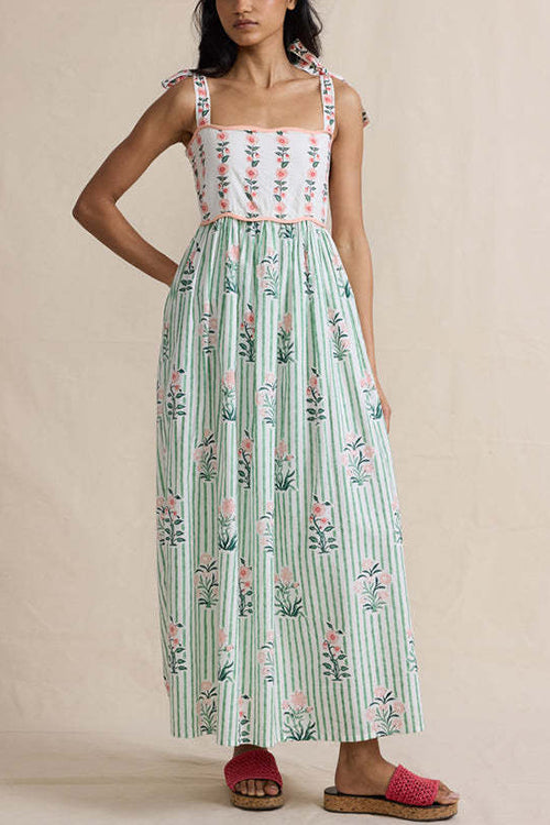 Meridress Tie Shoulder Back Lace-up Striped Floral Maxi Cami Dress