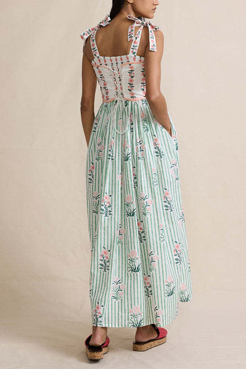 Meridress Tie Shoulder Back Lace-up Striped Floral Maxi Cami Dress
