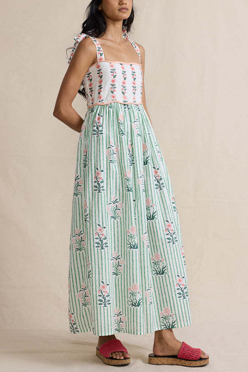 Meridress Tie Shoulder Back Lace-up Striped Floral Maxi Cami Dress