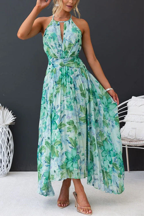 Meridress V Neck Waisted Cut Out Floral Pleated Maxi Dress
