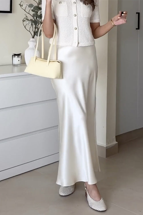 Meridress Elegant High Rise Satin Midi Skirt
