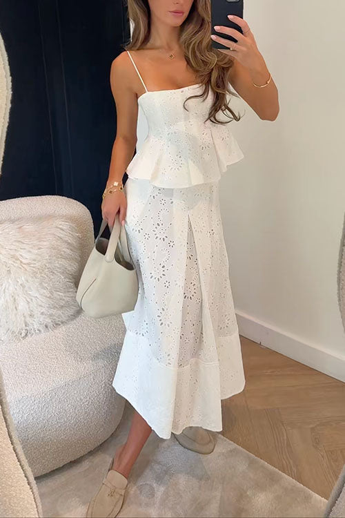 Meridress Lace Hollow Out Ruffle Cami Top and A-line Midi Skirt Set