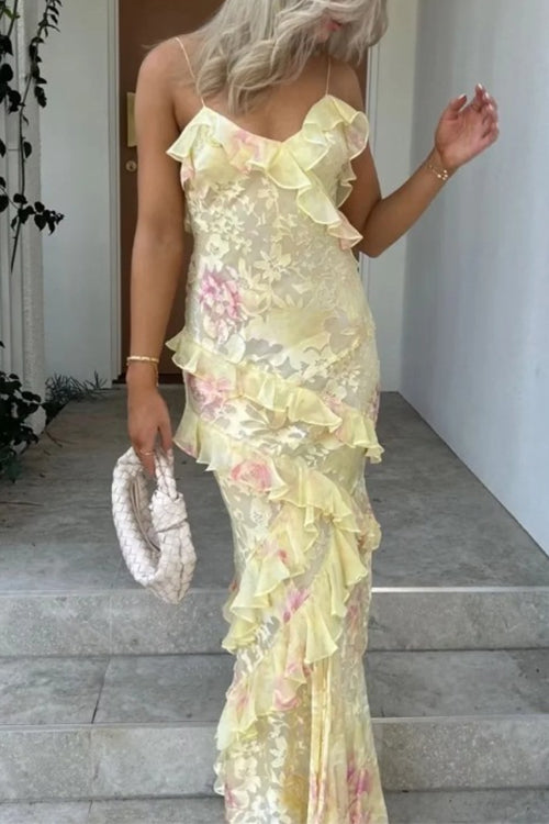 Meridress Spaghetti Strap Backless Ruffle Trim Printed Maxi Dress