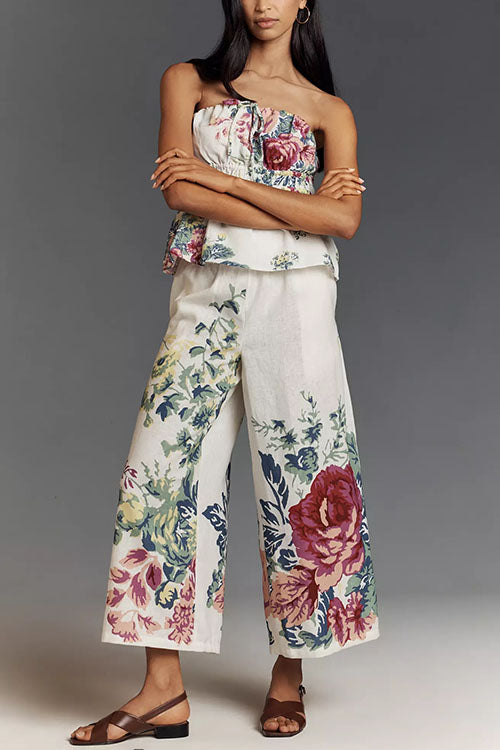 Meridress Floral Print Strapless Ruffle Tube Top and Smocked Waist Wide Leg Pants