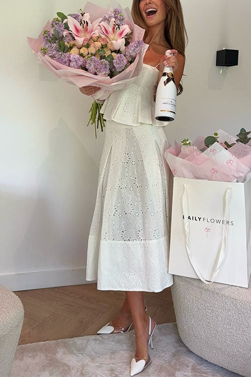 Meridress Lace Hollow Out Ruffle Cami Top and A-line Midi Skirt Set