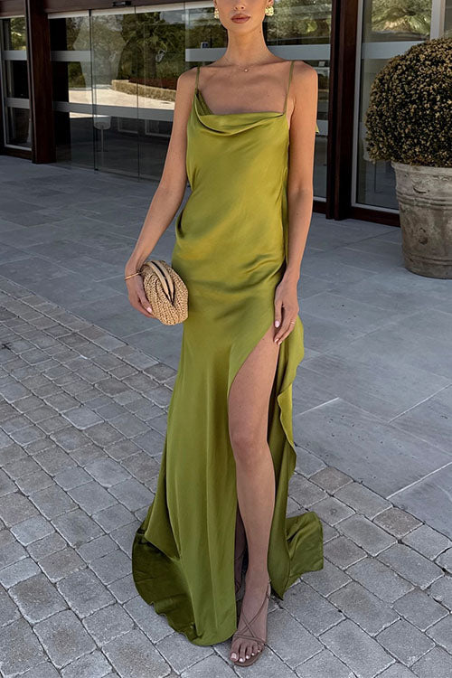 Meridress High Slit Back Drape Cascading Satin Maxi Cami Dress