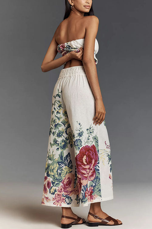 Meridress Floral Print Strapless Ruffle Tube Top and Smocked Waist Wide Leg Pants