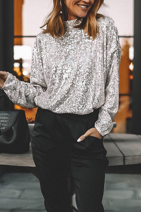 Mockneck Long Sleeves Glitter Sequin Top