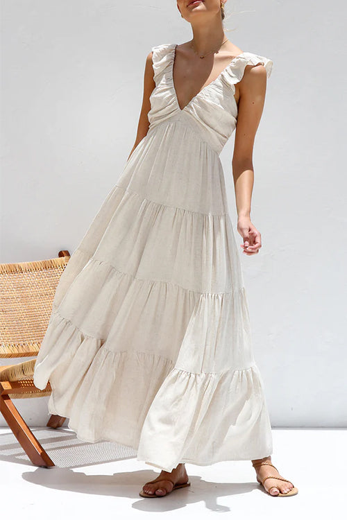 Meridress V Neck Ruffle Trim Tiered Sleeveless Linen Maxi Dress