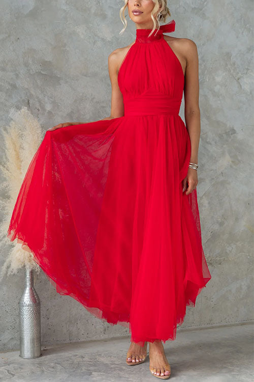 Meridress Bow Knot Halter Open Back Tulle Maxi Dress