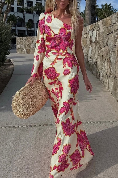 Meridress One Shoulder Long Sleeve Floral Print Maxi Dress