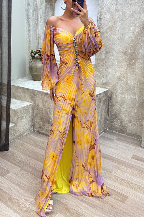 Meridress Off Shoulder Lantern Long Sleeves Printed Slit Pleated Maxi Dress
