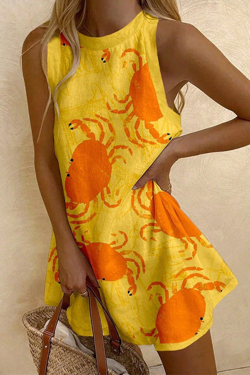 Meridress Sleeveless Crab Print A-line Mini Dress