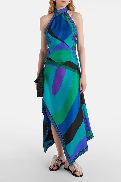 Meridress Printed Halter Tie Knot Backless Top and Irregular Hem Maxi Skirt Set