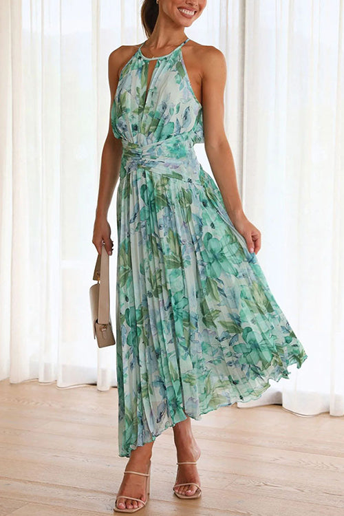 Meridress V Neck Waisted Cut Out Floral Pleated Maxi Dress