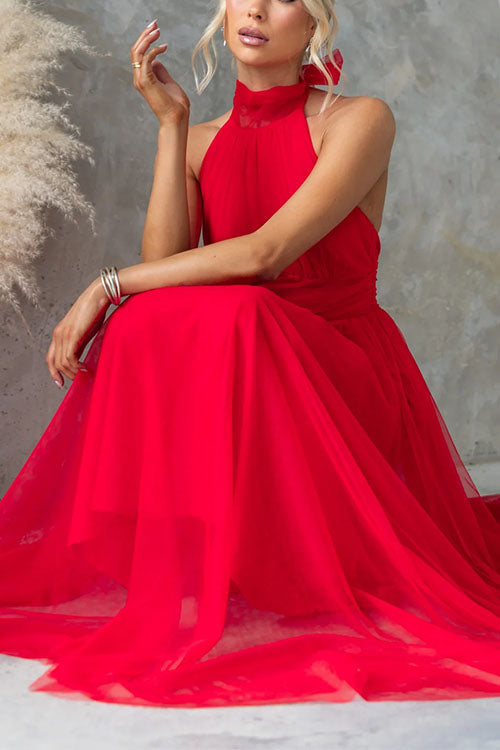 Meridress Bow Knot Halter Open Back Tulle Maxi Dress