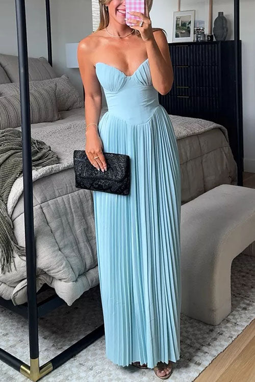 Meridress Strapless V Neck Corset Pleated Maxi Dress