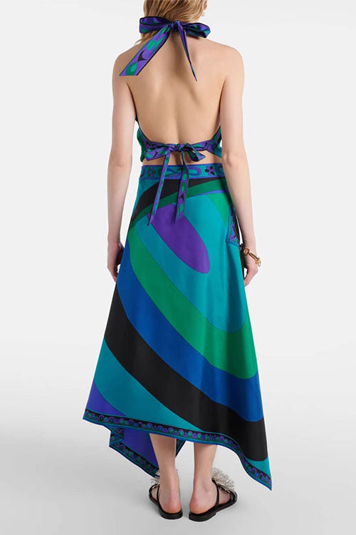 Meridress Printed Halter Tie Knot Backless Top and Irregular Hem Maxi Skirt Set