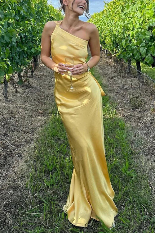 Meridress One Shoulder Open Back Tie Knot Satin Maxi Dress