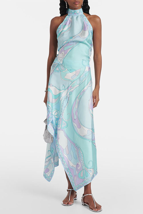 Meridress Printed Halter Tie Knot Backless Top and Irregular Hem Maxi Skirt Set