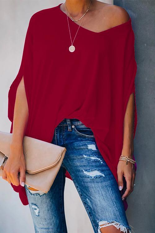 Meridress Loose V Neck Batwing Sleeve Solid T Shirt