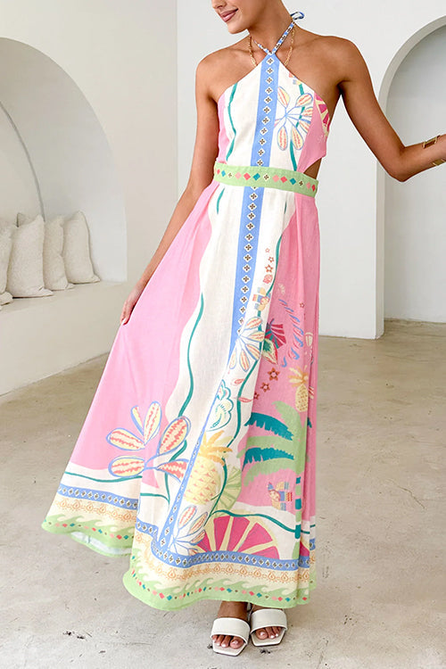 Halter Lace-up Backless Rio Print Maxi Dress