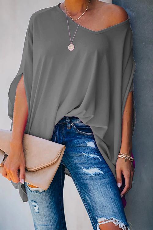 Meridress Loose V Neck Batwing Sleeve Solid T Shirt