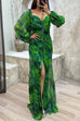 Meridress Off Shoulder Lantern Long Sleeves Printed Slit Pleated Maxi Dress