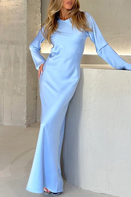 Meridress Round Neck Long Sleeves Satin Maxi Party Dress