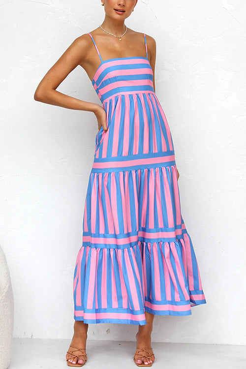 Meridress Spaghetti Strap Ruffle Tiered Color Block Striped Maxi Dress