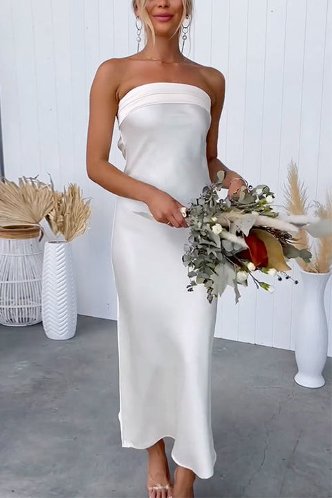 Meridress Backless Tube Top Solid Satin Maxi Party Dress