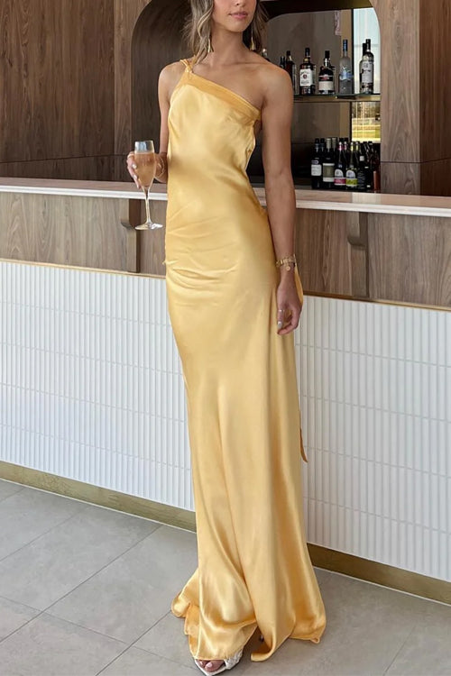 Meridress One Shoulder Open Back Tie Knot Satin Maxi Dress