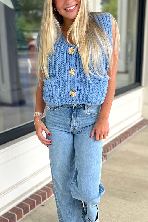 Meridress Gold Buttons Pocketed Chunky Sweater Vest