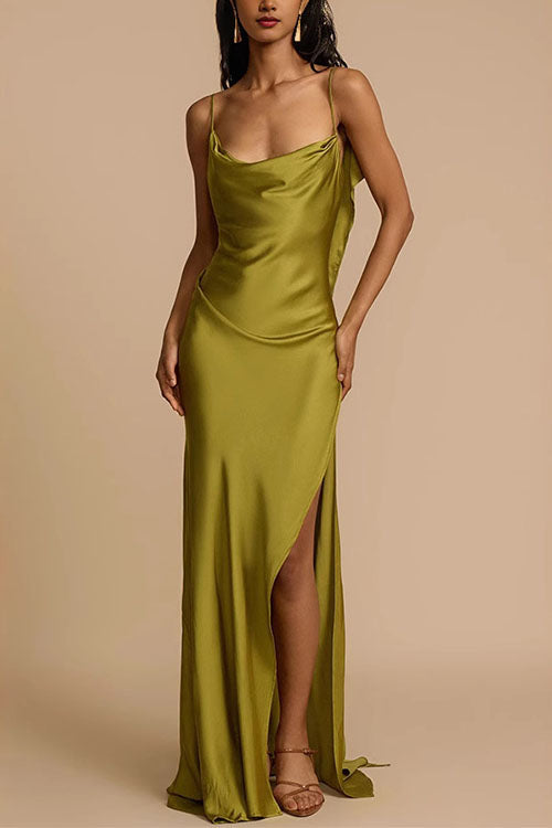 Meridress High Slit Back Drape Cascading Satin Maxi Cami Dress