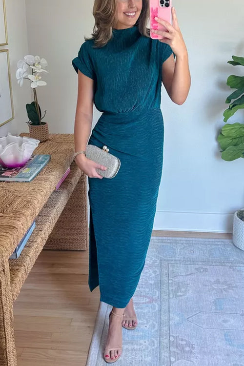 Mockneck Short Sleeves Waisted Side Slit Midi Dress