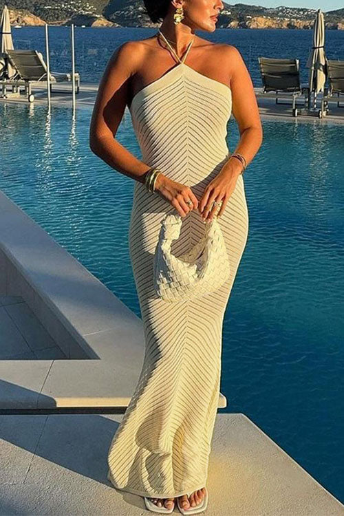 Meridress Halter Open Back Hollow Out Knit Bodycon Maxi Dress