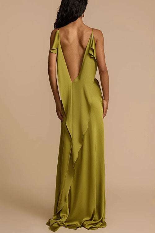 Meridress High Slit Back Drape Cascading Satin Maxi Cami Dress