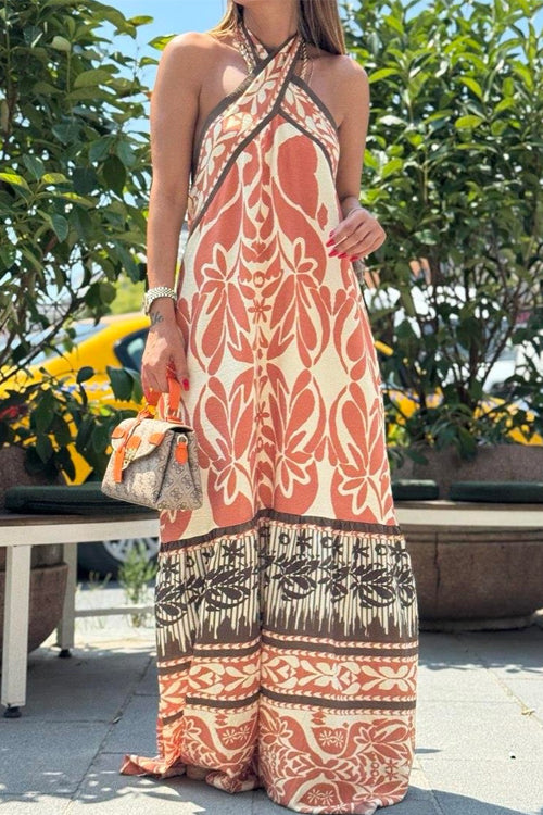 Criss Cross Halter Open Back Printed Maxi Vacation Dress