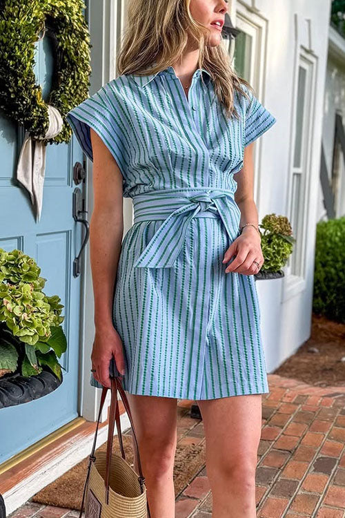 Short Sleeves Button Down Tie Waist Striped Mini Dress