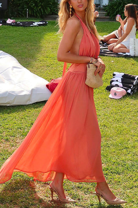 Meridress Deep V Neck Halter Backless Flowy Maxi Party Dress