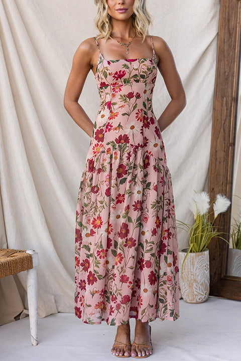 Spaghetti Strap Drop Waist Floral Print Maxi Dress