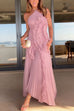 Meridress Strappy Halter Neck Ruffle Trim Asymmetric Hem Pleated Maxi Dress