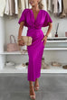 Meridress V Neck Twist Front Waisted Satin Midi Dress