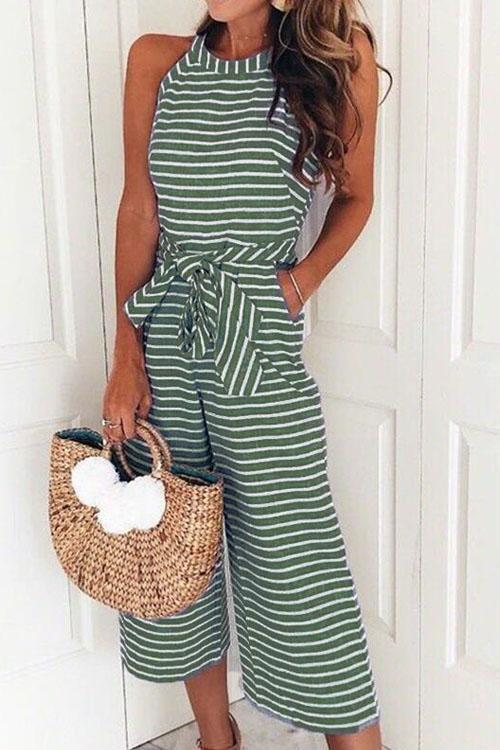 Meridress Crewneck Sleeveless Bow Knot Wide Leg Striped Jumpsuit