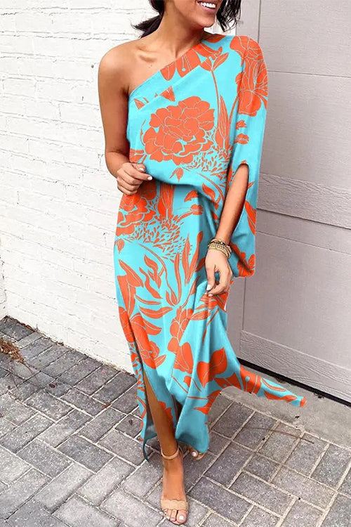Meridress Casual One Shoulder Side Split Printed Dress