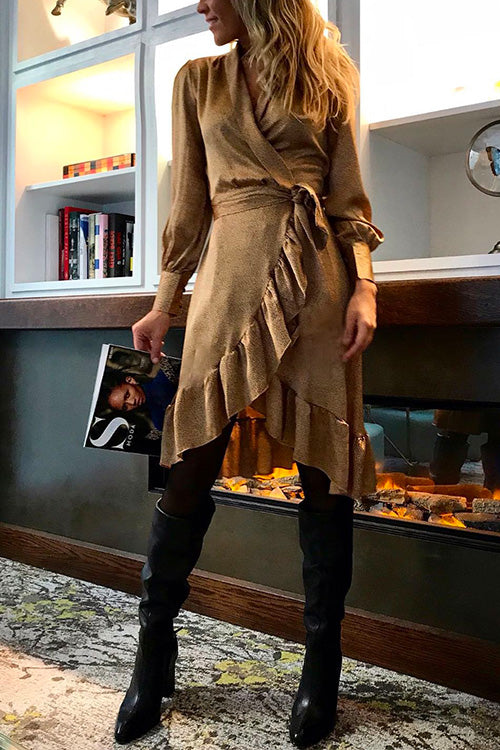 Meridress Wrap V Neck Long Sleeve Tie Waist Ruffle Dress
