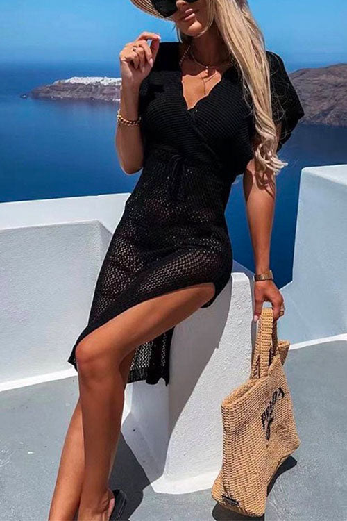 Meridress Wrap V Neck Tie Waist Side Split Cover Up Dress